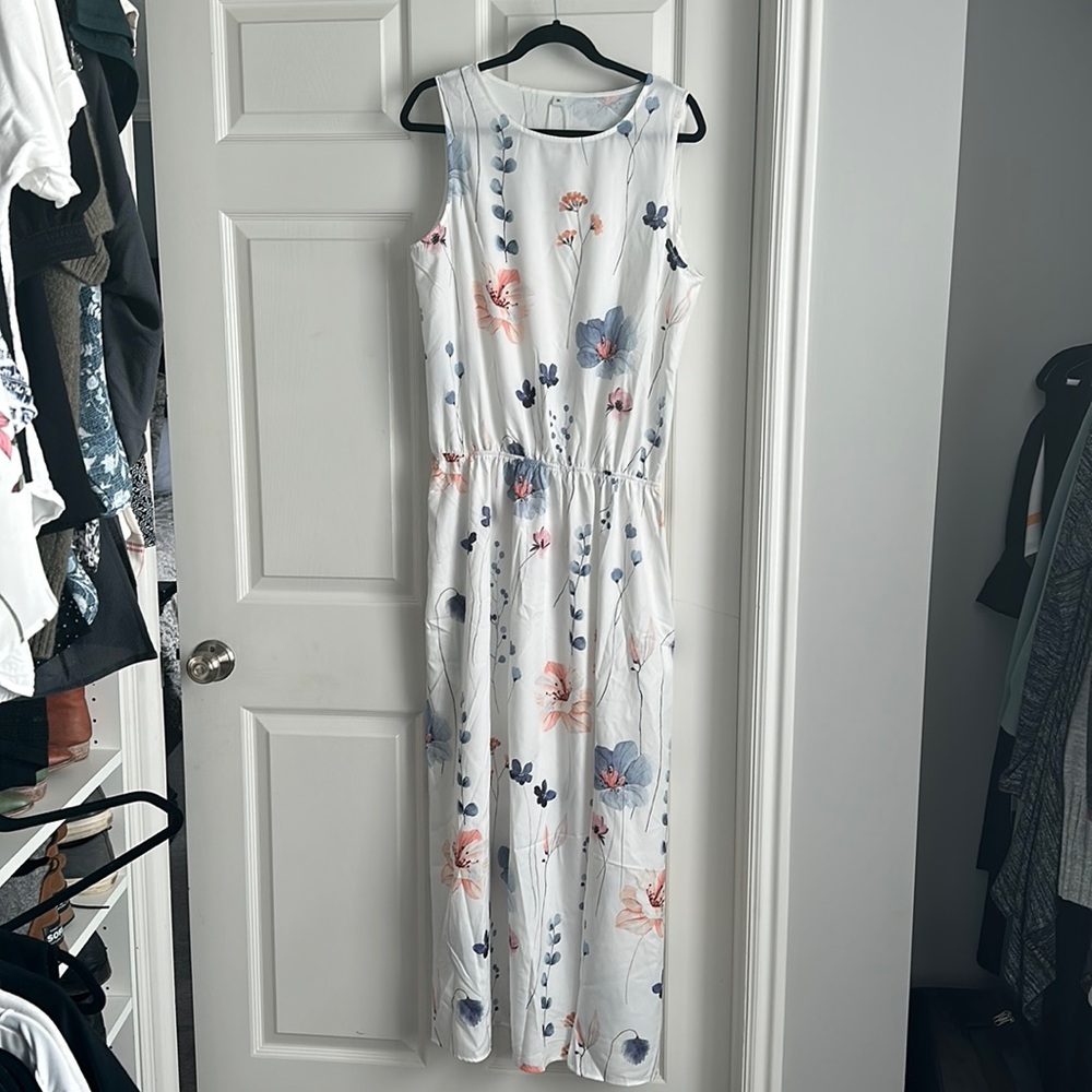 Floral Sleeveless Maxi Dress - White with Blue and Pink Accents